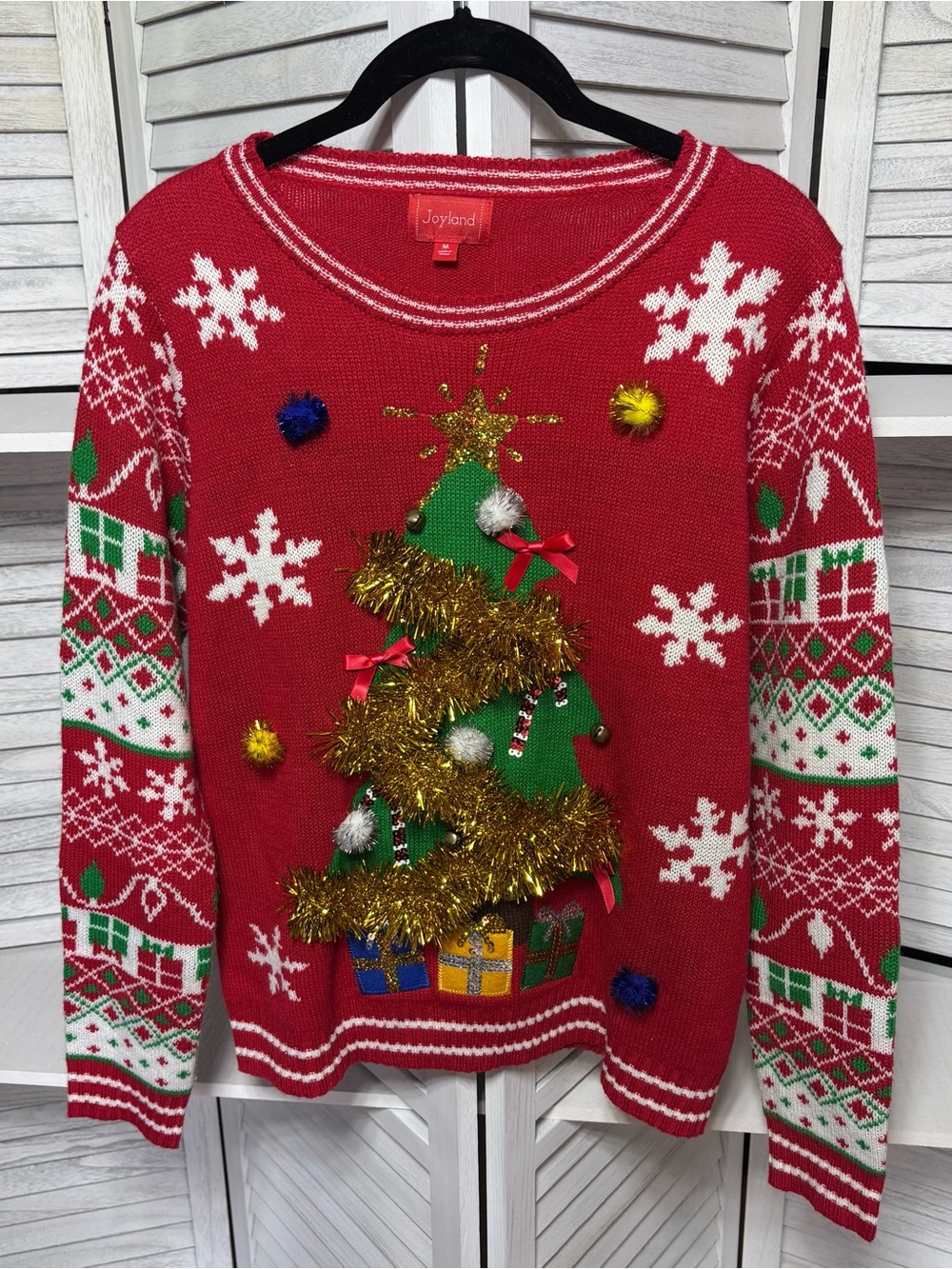 Joyland Ugly Christmas Sweater Medium 3D Tinsel Tree Pom Poms